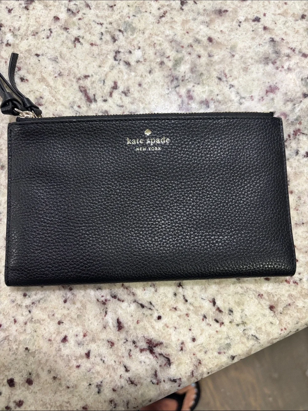 kate spade Black Pebbled Leather Zip Pouch with Gold Logo
